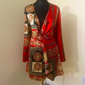 PLUS RED PRINTED SATIN LONG SLEEVE WRAP DRESS